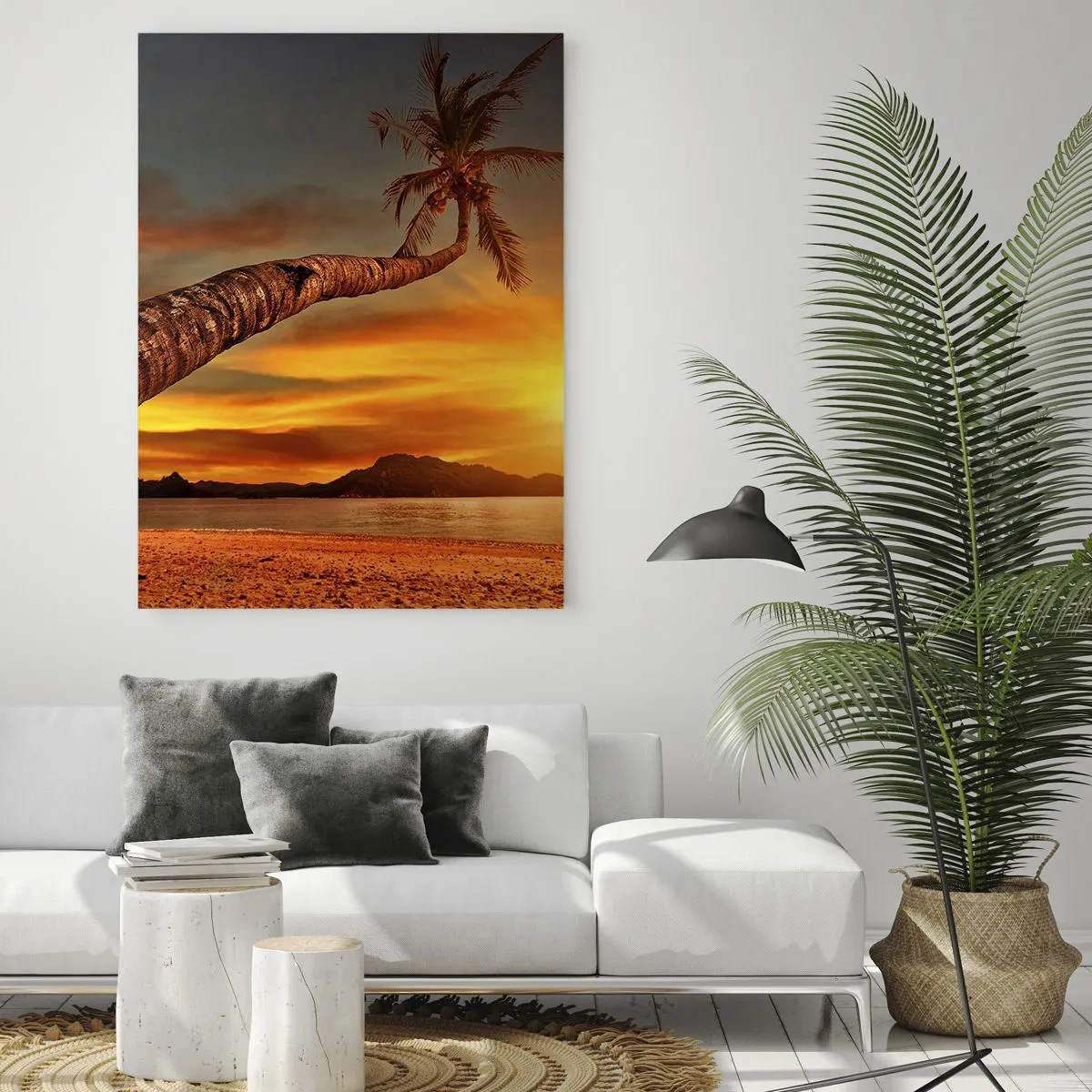 Impression sur verre - Image sur verre - Palmier sur une plage tropicale au coucher du soleil - 50x70cm - Vacances exotiques, aventure caribéenne - Décoration murale moderne pour le salon et la chambre ARTTOR