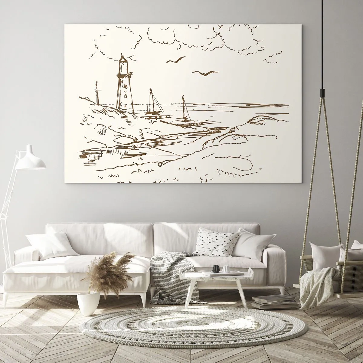Impression sur verre - Image sur verre - Croquis d'un phare dans un paysage balnéaire - 100x70cm - Esquisse de souvenirs d'été - Décoration murale moderne pour le salon et la chambre ARTTOR