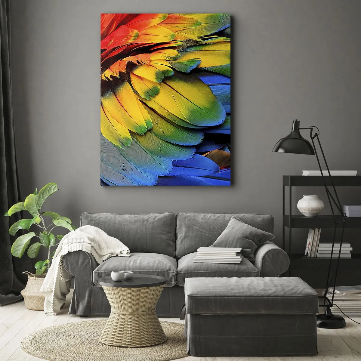 Impression sur toile - Image sur toile - Gros plan des plumes colorées d'un perroquet - 70x100cm - Oiseau de paradis - Décoration murale moderne pour le salon et la chambre ARTTOR