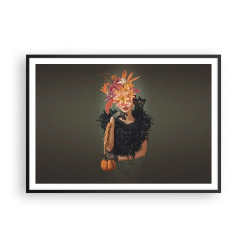 Affiche dans un cadre noir - Poster - Portrait d'une femme aux motifs d'automne et un chat - 100x70cm - Sort de sorcière - Décoration murale moderne pour le salon et la chambre ARTTOR