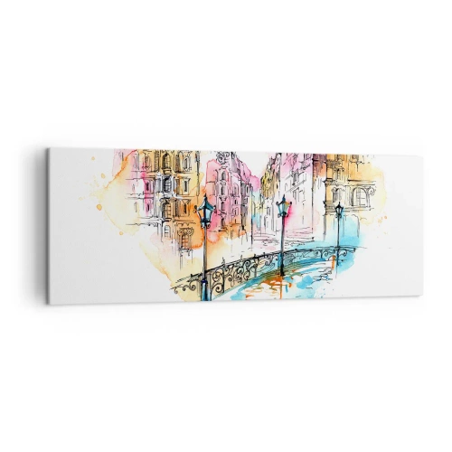 Impression sur toile - Image sur toile - Aquarelle d'un pont et de maisons en forme de cœur - 140x50cm - Le coeur de la ville - Décoration murale moderne pour le salon et la chambre ARTTOR
