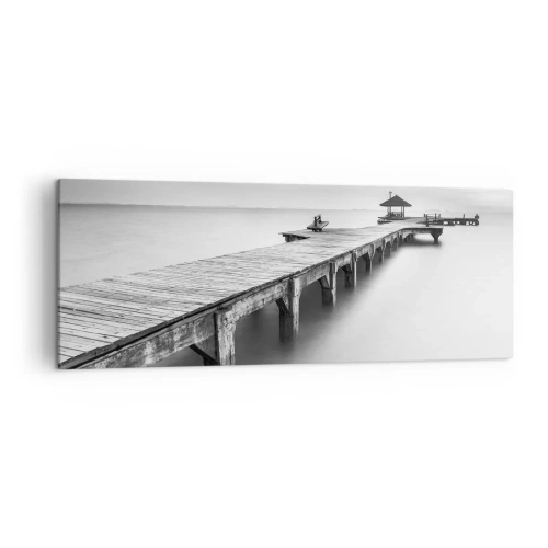 Impression sur toile - Image sur toile - Une vue en noir et blanc d'une jetée en bois sur une eau calme. - 140x50cm - À l'horizon - Décoration murale moderne pour le salon et la chambre ARTTOR