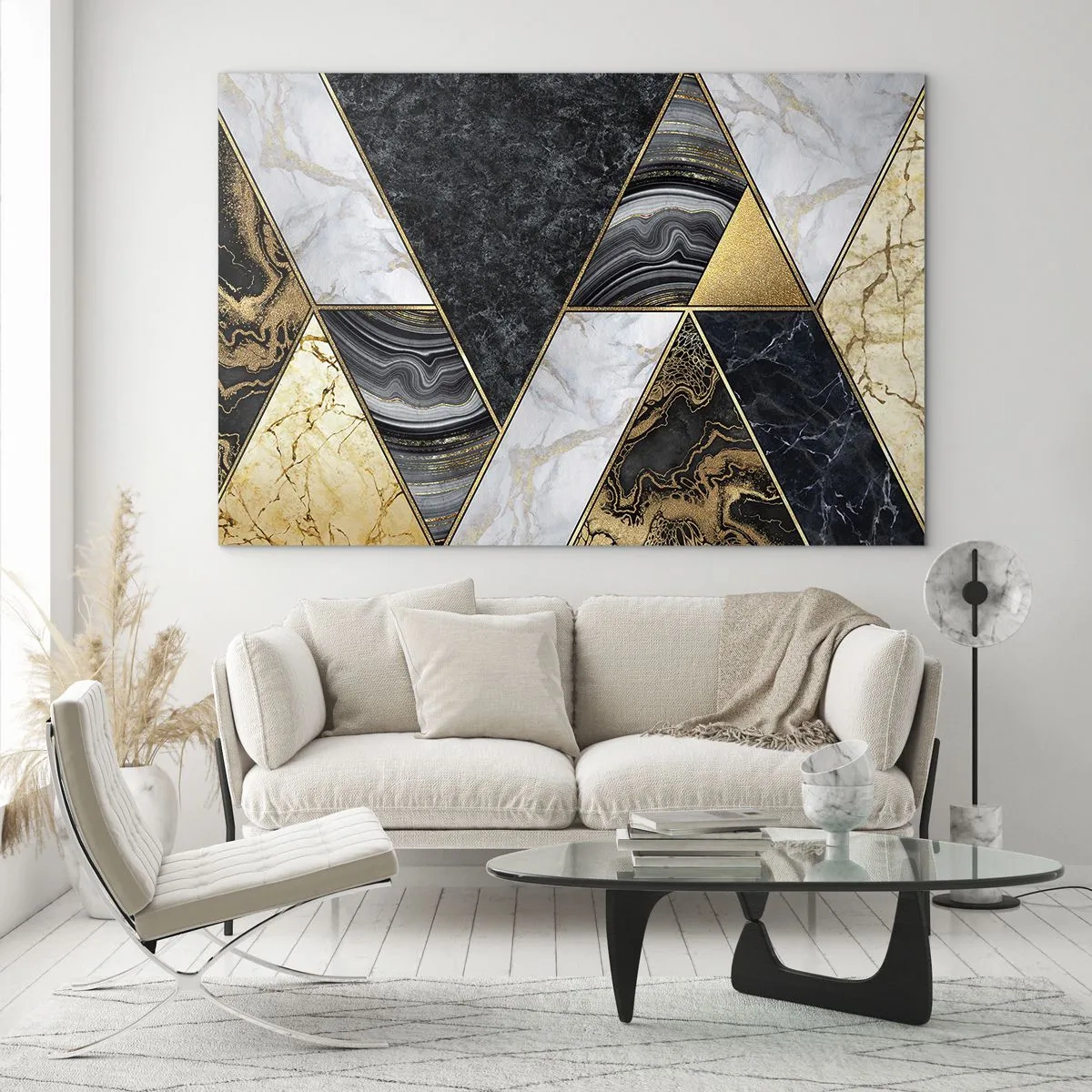 Impression sur verre - Image sur verre - Motif géométrique de marbre et de triangles dorés - 70x50cm - Pierre après pierre - Décoration murale moderne pour le salon et la chambre ARTTOR
