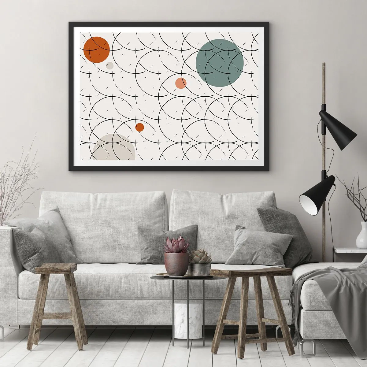Affiche dans un cadre noir - Poster - Motif géométrique avec des cercles colorés sur un fond clair - 70x50cm - Dans l'esprit pop art - Décoration murale moderne pour le salon et la chambre ARTTOR