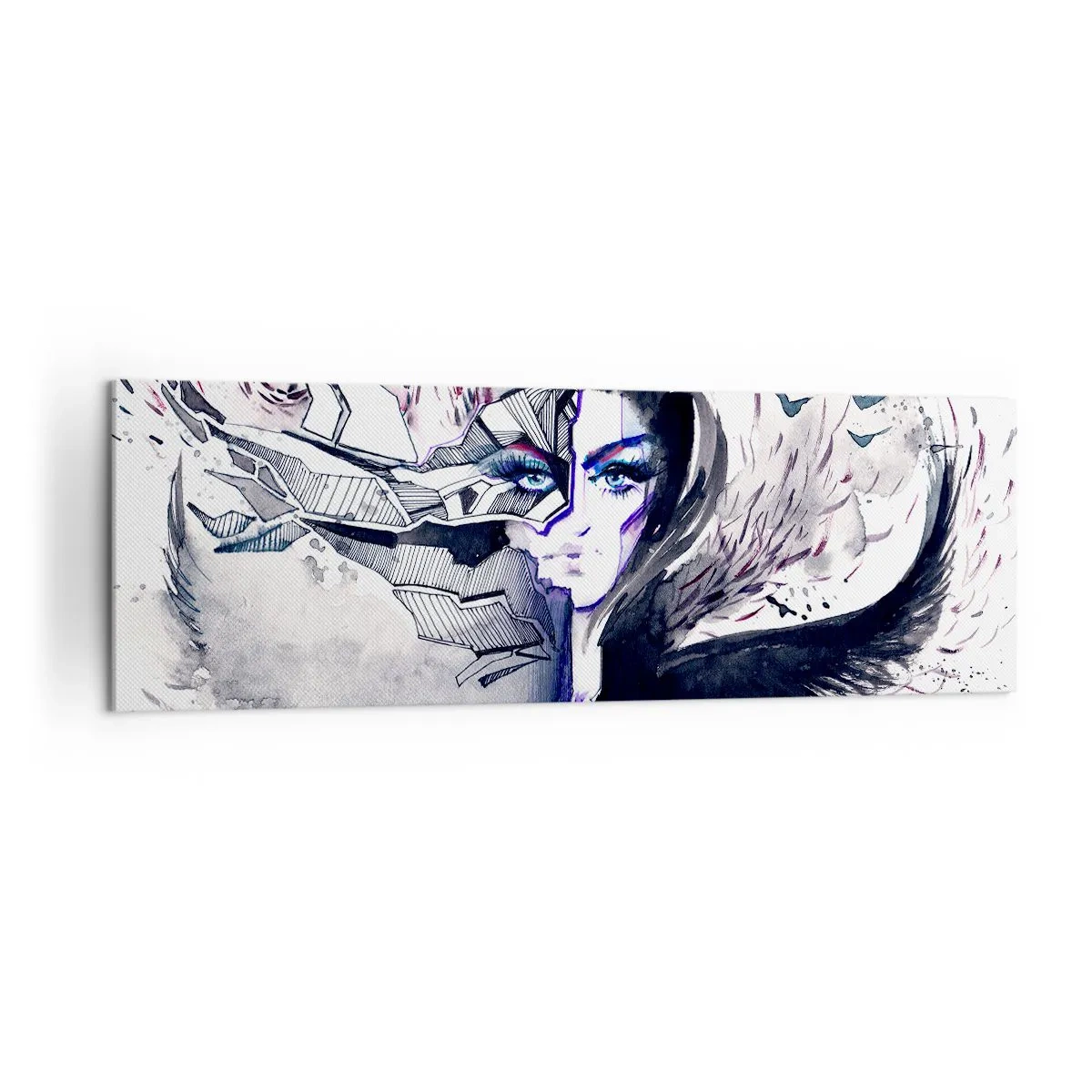 Impression sur toile - Image sur toile - Visage abstrait avec des éléments contrastés et un motif d'aile - 160x50cm - Démoniaque et belle - Décoration murale moderne pour le salon et la chambre ARTTOR