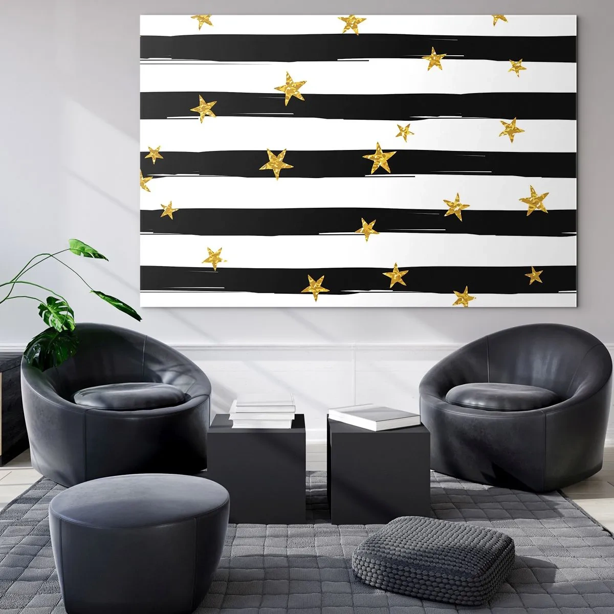 Impression sur verre - Image sur verre - Rayures noires et blanches avec étoiles dorées - 120x80cm - Nous sommes tous nés sous une bonne étoile - Décoration murale moderne pour le salon et la chambre ARTTOR