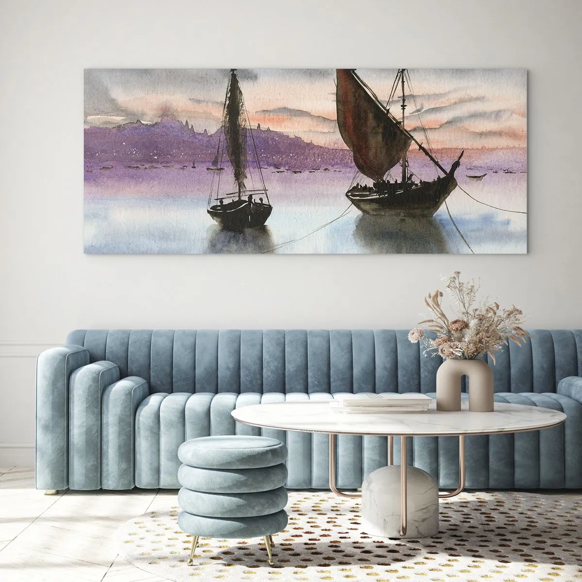 Impression sur verre - Image sur verre - Deux voiliers amarrés sur une eau calme au crépuscule - 160x50cm - Soirée au port - Décoration murale moderne pour le salon et la chambre ARTTOR