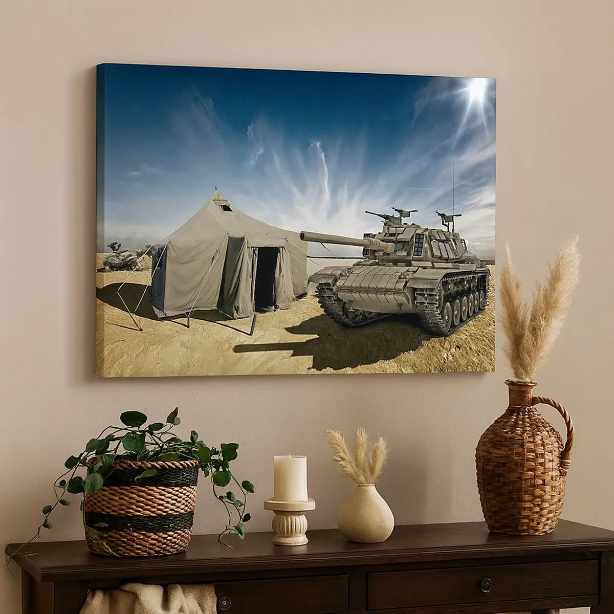Impression sur toile - Image sur toile - Un char à côté d'une tente militaire dans une zone désertique - 70x50cm - Un rêve militaire - Décoration murale moderne pour le salon et la chambre ARTTOR