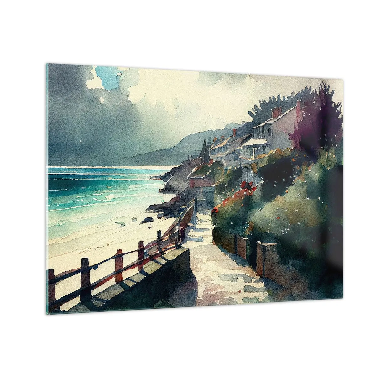 Impression sur verre - Image sur verre - Une promenade en bord de mer avec des maisons colorées et de l'eau - 70x50cm - Ville méditerranéenne - Décoration murale moderne pour le salon et la chambre ARTTOR