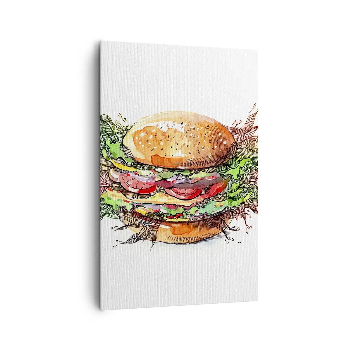 Impression sur toile - Image sur toile - Illustration artistique d'un burger avec des éléments dynamiques - 80x120cm - Tentation chaude - Décoration murale moderne pour le salon et la chambre ARTTOR