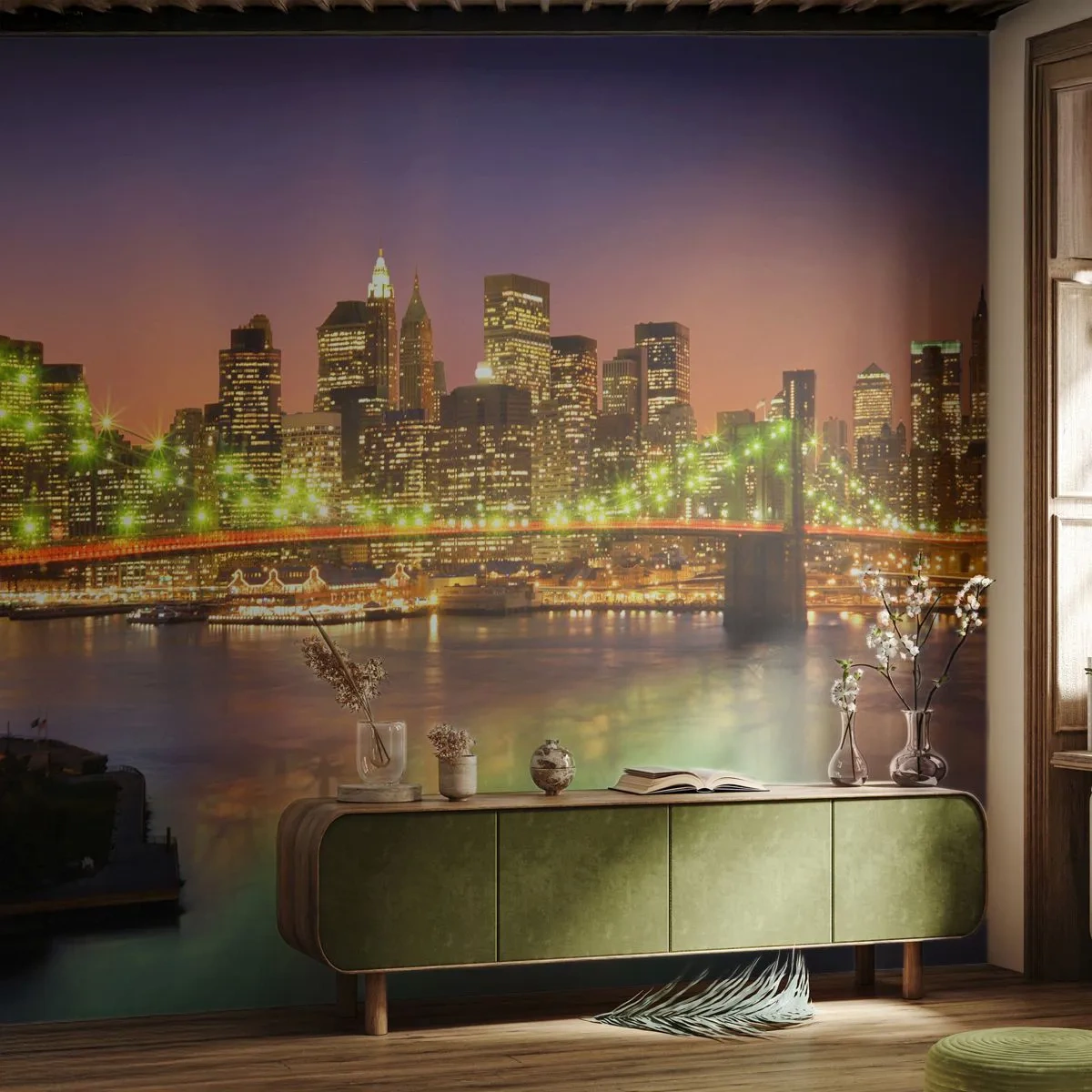 Papier Peint Autocollant Deluxe Sticker - Ici la lumière ne s'éteint jamais - Ville, New York, le pont de Brooklyn - 250x175 cm