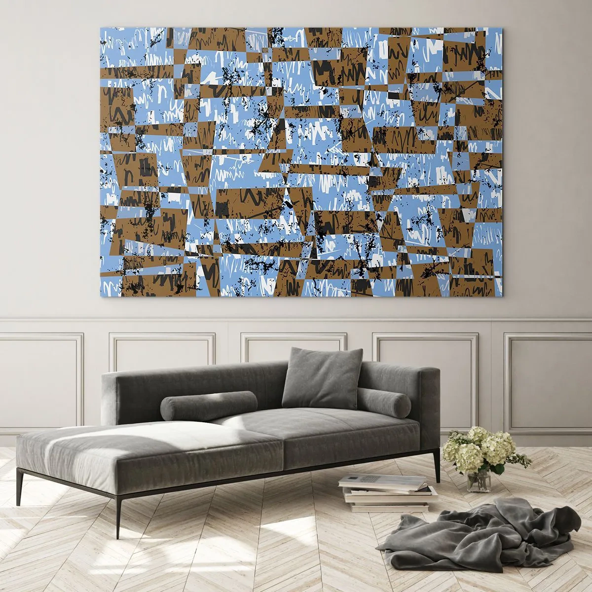 Impression sur verre - Image sur verre - Abstraction géométrique avec des nuances de bleu et de marron - 70x50cm - Une découpe non humaine - Décoration murale moderne pour le salon et la chambre ARTTOR
