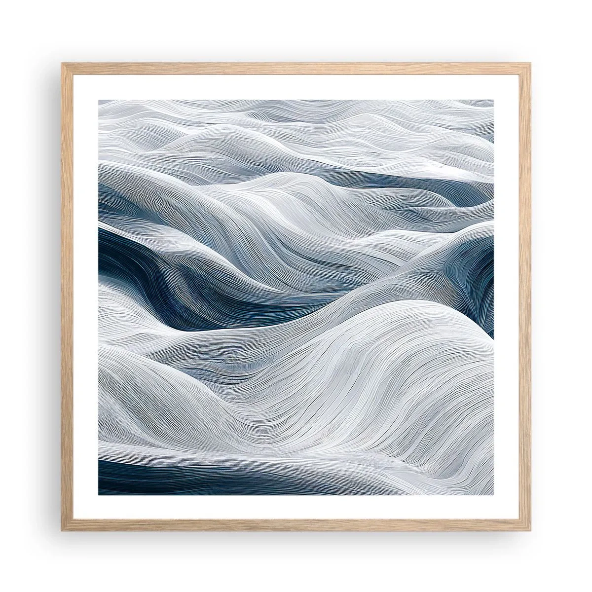 Affiche dans un chêne clair - Poster - Vagues blanches et bleues - 60x60 cm