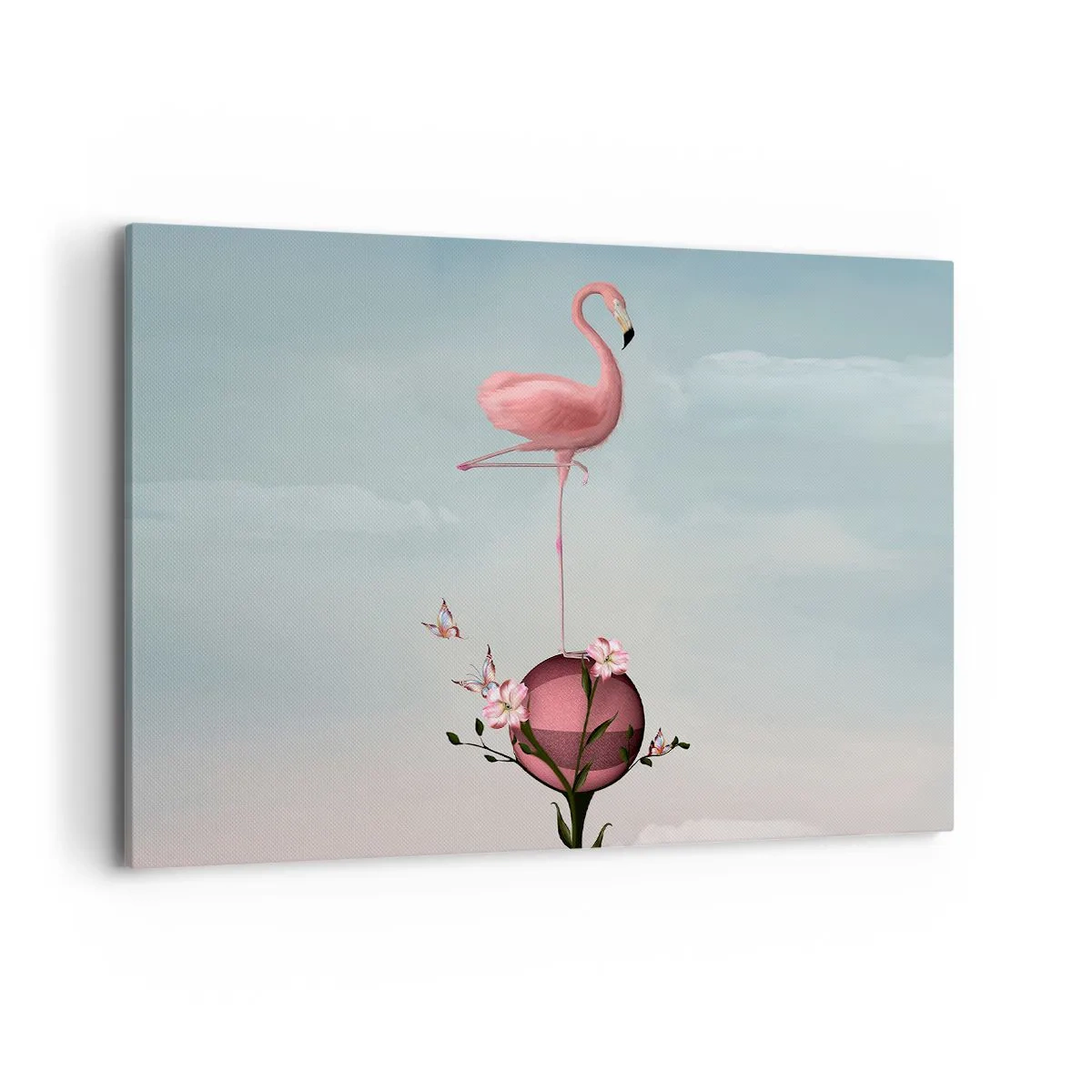 Impression sur toile - Image sur toile - Un flamant rose en équilibre sur une boule de fleurs - 100x70cm - Allégorie du basket-ball - Décoration murale moderne pour le salon et la chambre ARTTOR