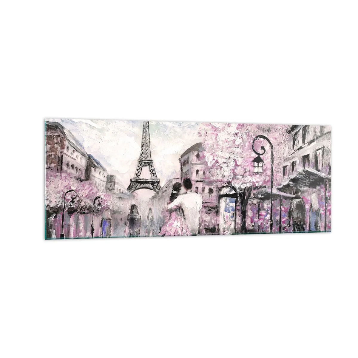 Impression sur verre - Image sur verre - Une promenade romantique à Paris près de la Tour Eiffel - 140x50cm - Comment tomber amoureu, il faut juste... - Décoration murale moderne pour le salon et la chambre ARTTOR