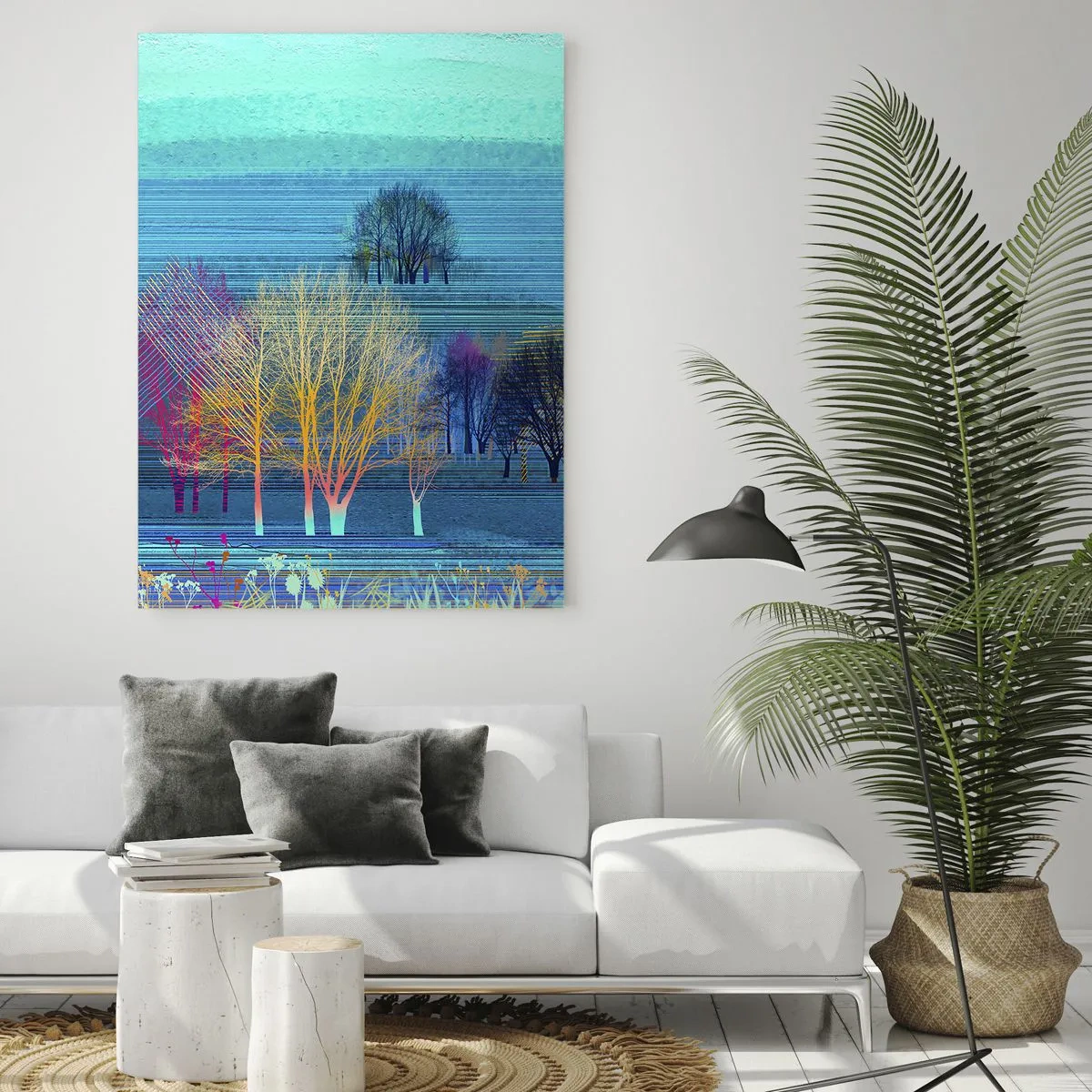 Impression sur verre - Image sur verre - Arbres colorés sur un paysage bleu et minimaliste - 70x100cm - Un paysage soigné - Décoration murale moderne pour le salon et la chambre ARTTOR