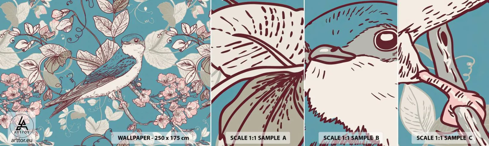 Échantillon De Papier Peint Standard Eco - Dans le bois blanc du rouge et de l'argent - Abstraction, Avaler, Oiseau - 100x30 cm