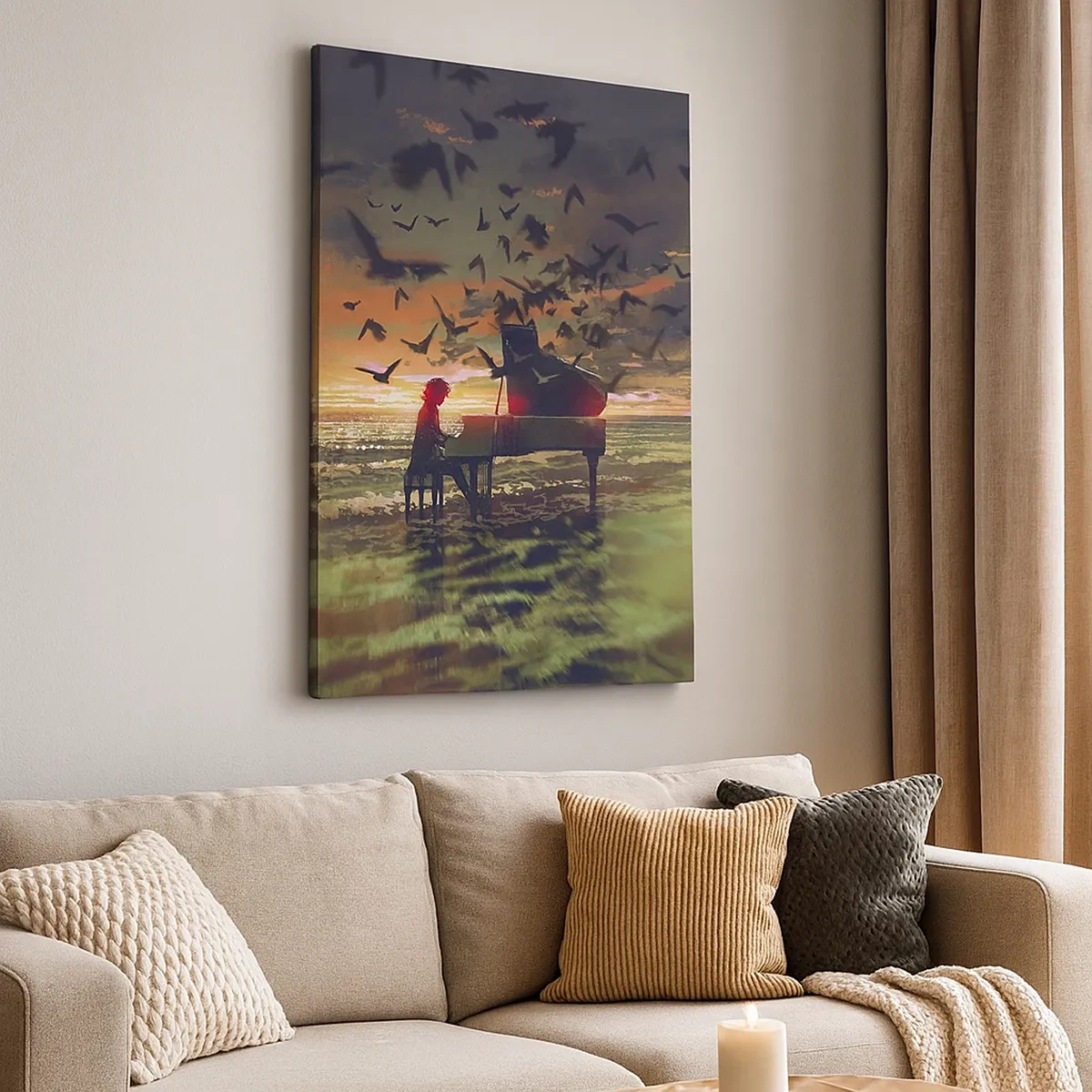 Impression sur toile - Image sur toile - Un piano au bord de la mer au coucher du soleil avec des oiseaux - 50x70cm - Concert pour piano et vagues - Décoration murale moderne pour le salon et la chambre ARTTOR