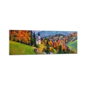 Impression sur verre - Image sur verre - Paysage de montagne d'automne avec une chapelle et un coucher de soleil - 160x50cm - Paysage comme peind - Décoration murale moderne pour le salon et la chambre ARTTOR