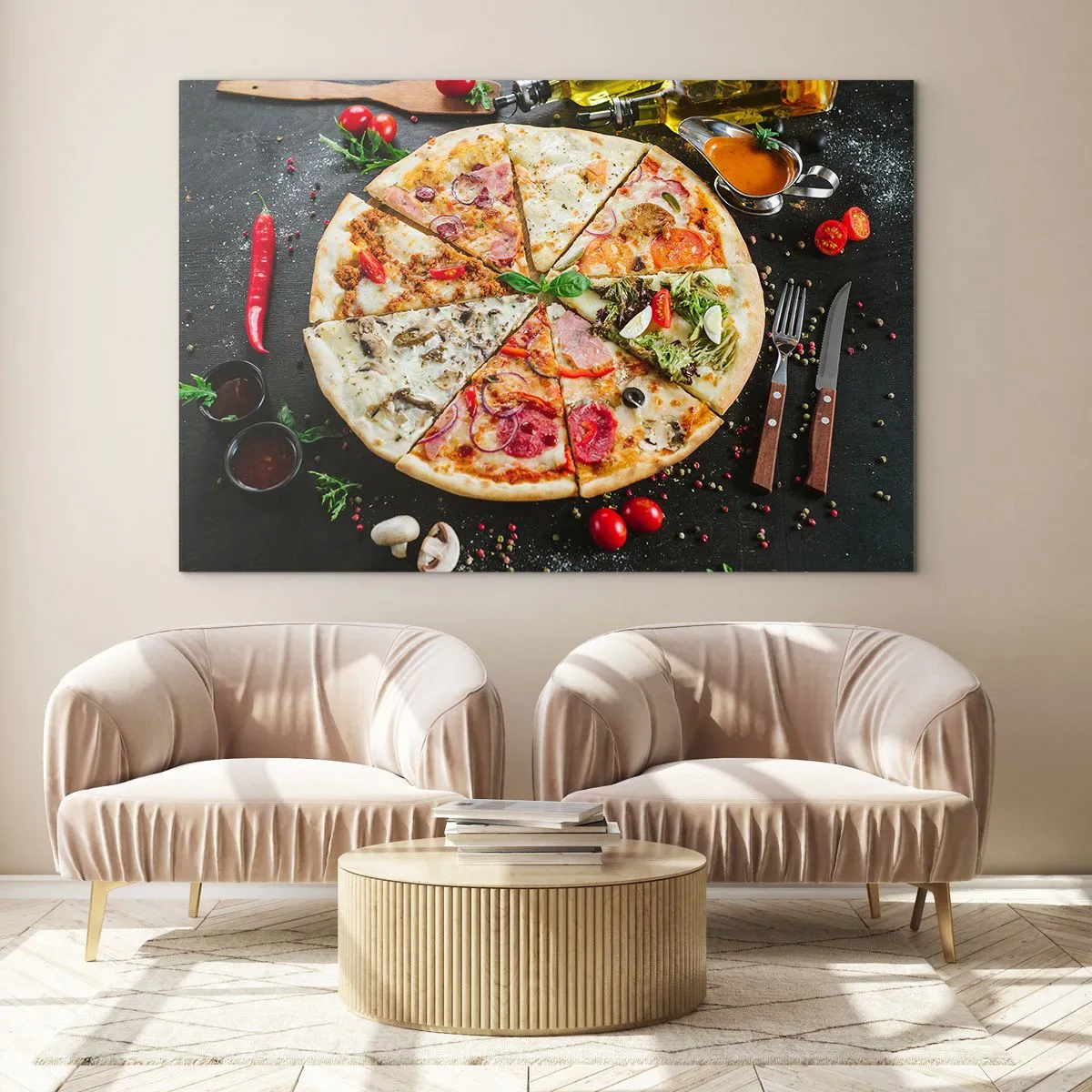 Impression sur verre - Image sur verre - Pizza aux saveurs variées avec garnitures sur fond sombre - 100x70cm - Une gamme de saveurs - Décoration murale moderne pour le salon et la chambre ARTTOR