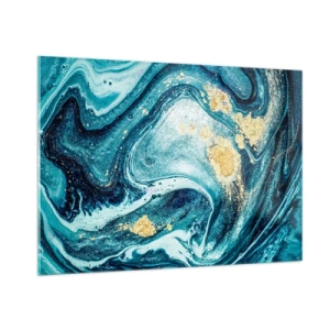 Impression sur verre - Image sur verre - Tourbillons abstraits dans des tons turquoise et or - 100x70cm - Vortex bleu - Décoration murale moderne pour le salon et la chambre ARTTOR