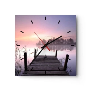 Horloge murale - Pendule murale - Une jetée au bord du lac à l'aube avec du brouillard et un ciel pastel - 30x30cm - De la brume lilas… - Décoration murale moderne pour le salon et la chambre ARTTOR