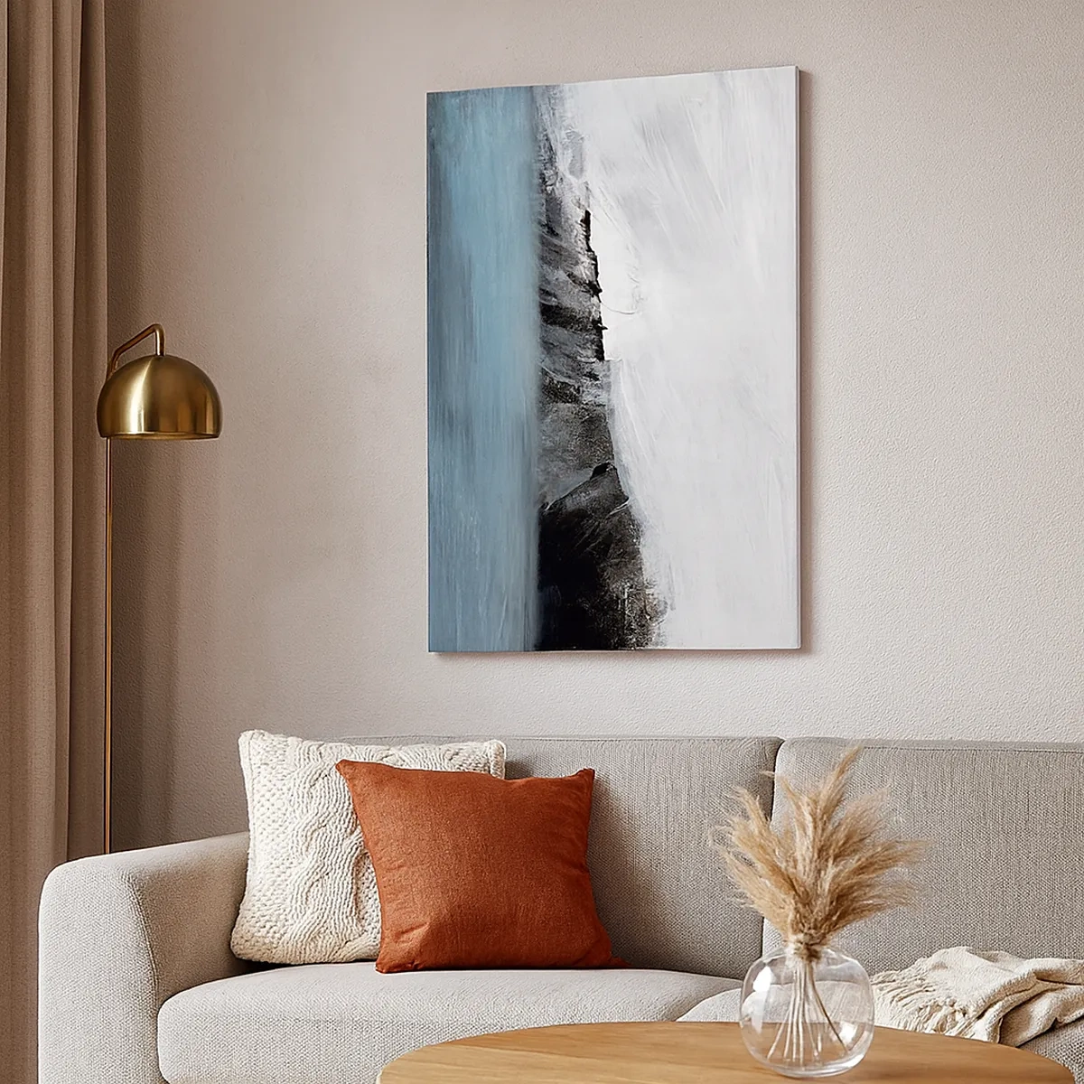 Impression sur toile - Image sur toile - Paysage abstrait avec de l'eau et un rivage rocheux - 50x70cm - Eau – terre : choc des éléments - Décoration murale moderne pour le salon et la chambre ARTTOR