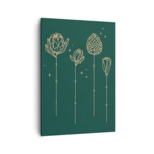 Impression sur toile - Image sur toile - Dessins dorés d'herbes sur fond vert foncé - 50x70cm - La famille Plante - Décoration murale moderne pour le salon et la chambre ARTTOR