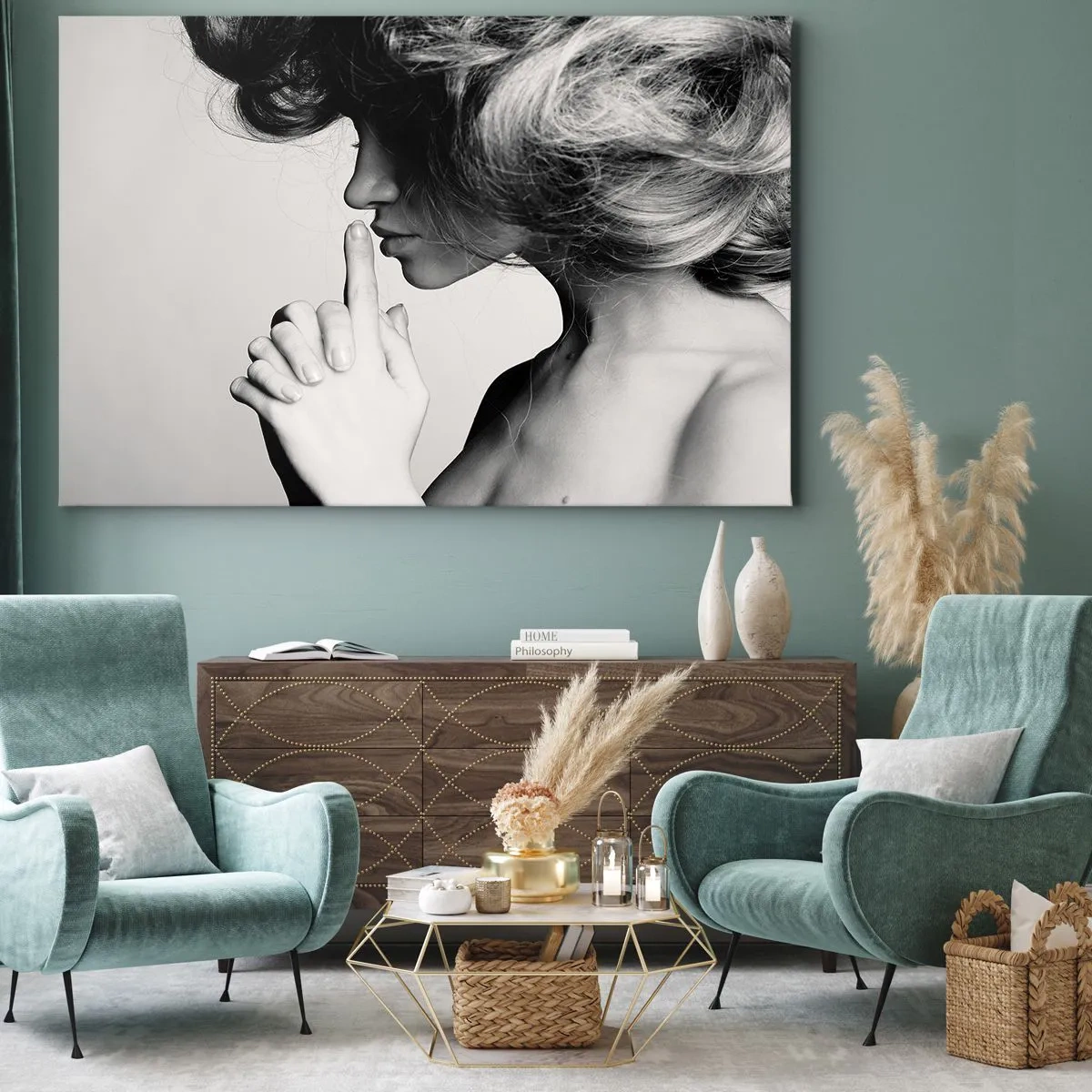 Impression sur toile - Image sur toile - Profil noir et blanc d'une femme faisant un geste de silence - 120x80cm - A l'écoute d'elle-même - Décoration murale moderne pour le salon et la chambre ARTTOR