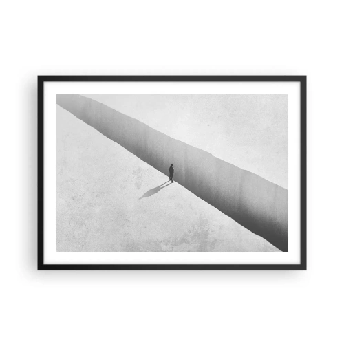 Affiche dans un cadre noir - Poster - Une silhouette solitaire se tient au-dessus d'un gouffre profond dans un décor monochrome. - 70x50cm - Un objectif clair - Décoration murale moderne pour le salon et la chambre ARTTOR