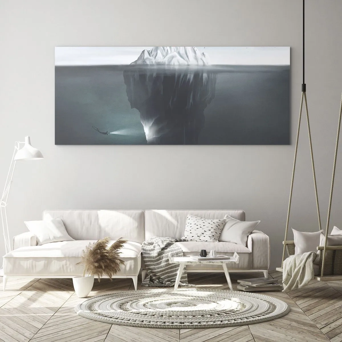 Impression sur verre - Image sur verre - Un iceberg dans l'eau avec un plongeur et un projecteur sous la surface. - 120x50cm - Mystère sous-marin - Décoration murale moderne pour le salon et la chambre ARTTOR