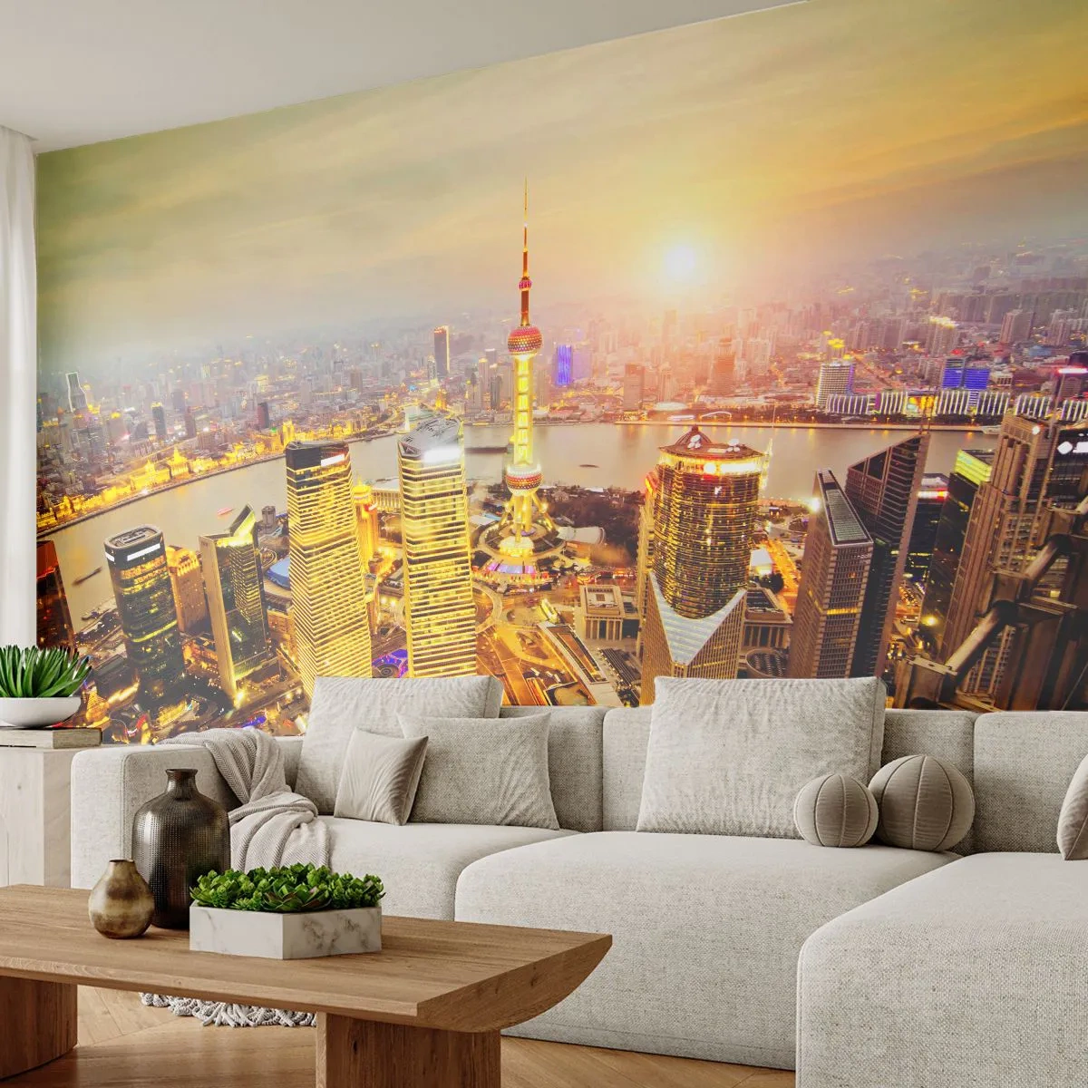Papier Peint Photo Premium Canvas - Panorama de la ville avec des gratte-ciels au coucher du soleil - 100x70cm - Rêve asiatique - Décoration murale moderne pour le salon et la chambre ARTTOR