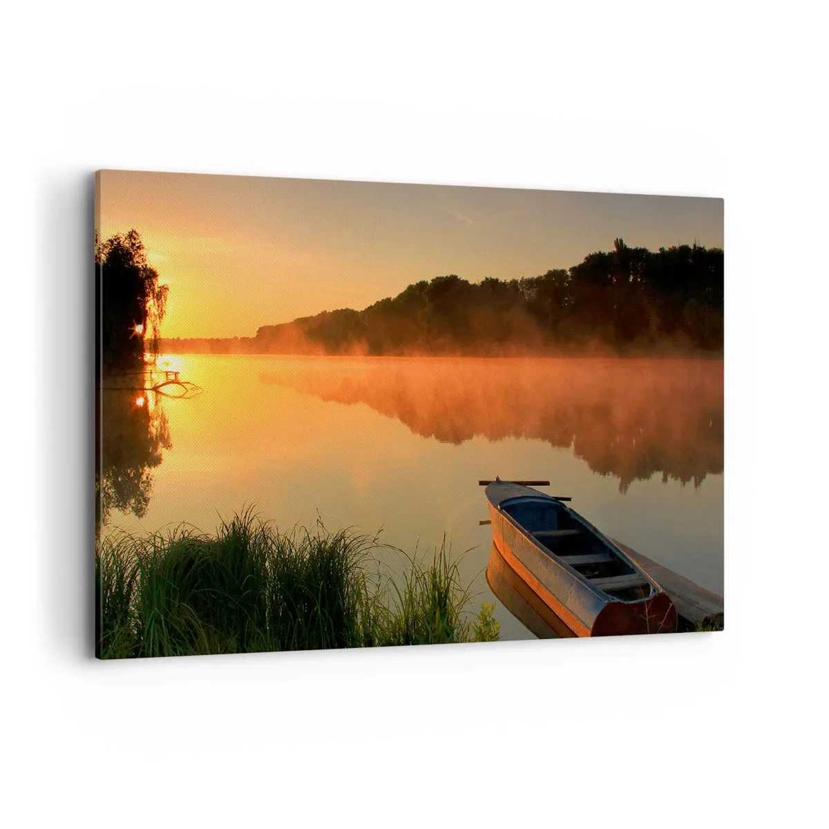 Impression sur toile - Image sur toile - Brouillard matinal sur la rivière avec un bateau sous les rayons du soleil - 120x80cm - Lever du soleil sur l'eau comme un miroir - Décoration murale moderne pour le salon et la chambre ARTTOR