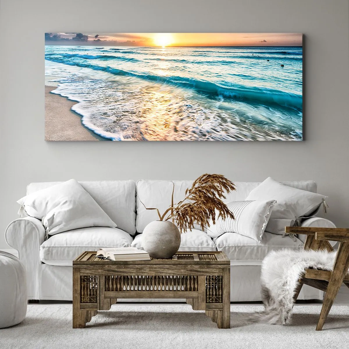 Impression sur toile - Image sur toile - Lever de soleil sur une plage tranquille avec des vagues - 140x50cm - Une vue qui en vaut la peine - Décoration murale moderne pour le salon et la chambre ARTTOR