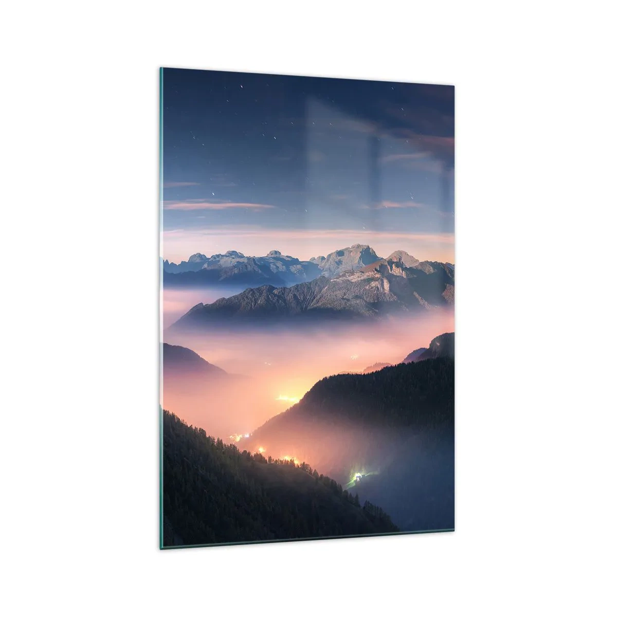 Impression sur verre - Image sur verre - Un paysage de montagne avec une vallée remplie de brouillard - 70x100cm - Lumière dans les vallées - Décoration murale moderne pour le salon et la chambre ARTTOR