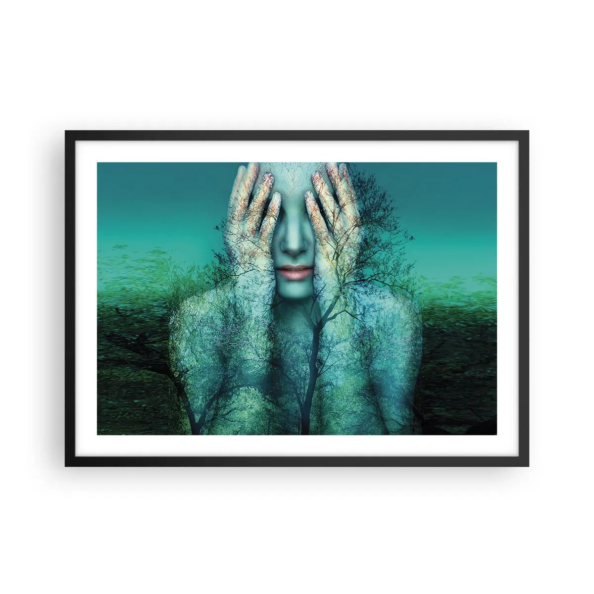 Affiche dans un cadre noir - Poster - Une figure de femme avec un motif d'arbre sur un fond de paysage turquoise - 70x50cm - immergé dans l'azur - Décoration murale moderne pour le salon et la chambre ARTTOR