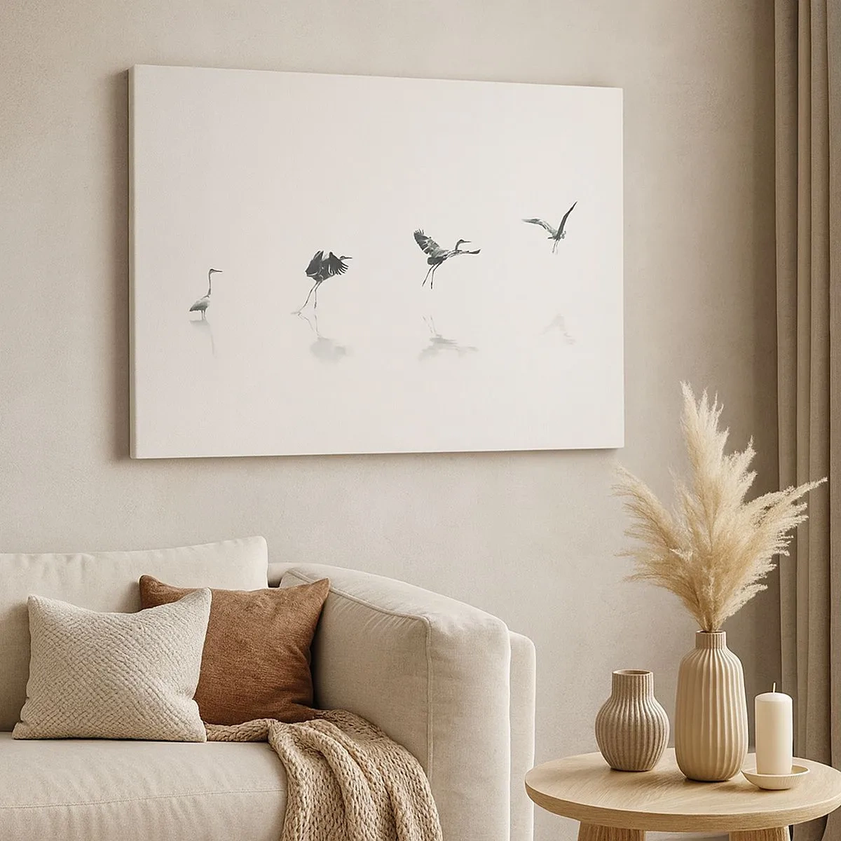 Impression sur toile - Image sur toile - Quatre silhouettes d'oiseaux se reflètent dans l'eau calme - 70x50cm - Quatre étapes simples - Décoration murale moderne pour le salon et la chambre ARTTOR