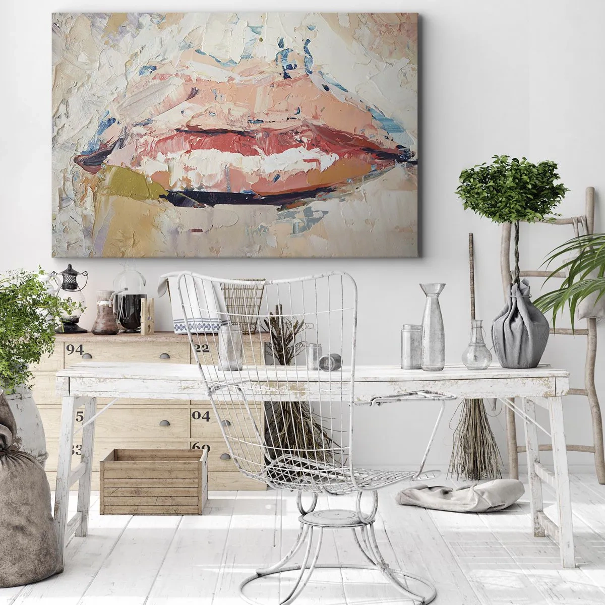Impression sur toile - Image sur toile - Une composition abstraite représentant les lèvres d'une femme aux couleurs pastel. - 70x50cm - Éveil la pensée - Décoration murale moderne pour le salon et la chambre ARTTOR