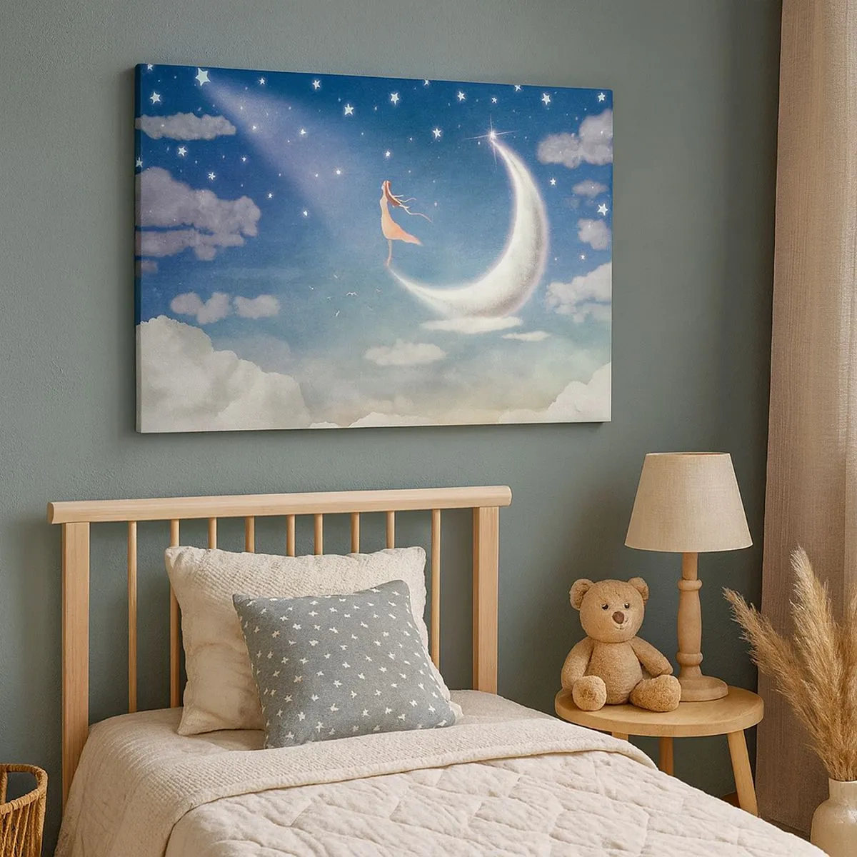 Impression sur toile - Image sur toile - Une femme dans la lune entourée d'étoiles et de nuages - 70x50cm - Valise bleue - Décoration murale moderne pour le salon et la chambre ARTTOR