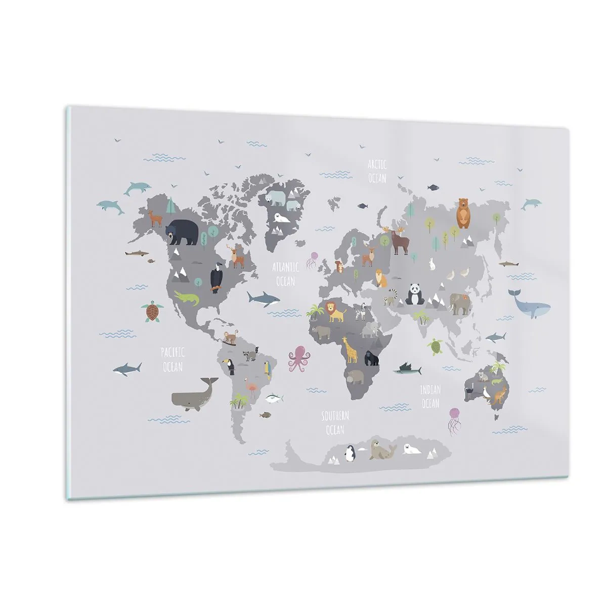Impression sur verre - Image sur verre - Carte du monde illustrée avec des animaux caractéristiques - 120x80cm - Dis-moi d'où tu viens... - Décoration murale moderne pour le salon et la chambre ARTTOR