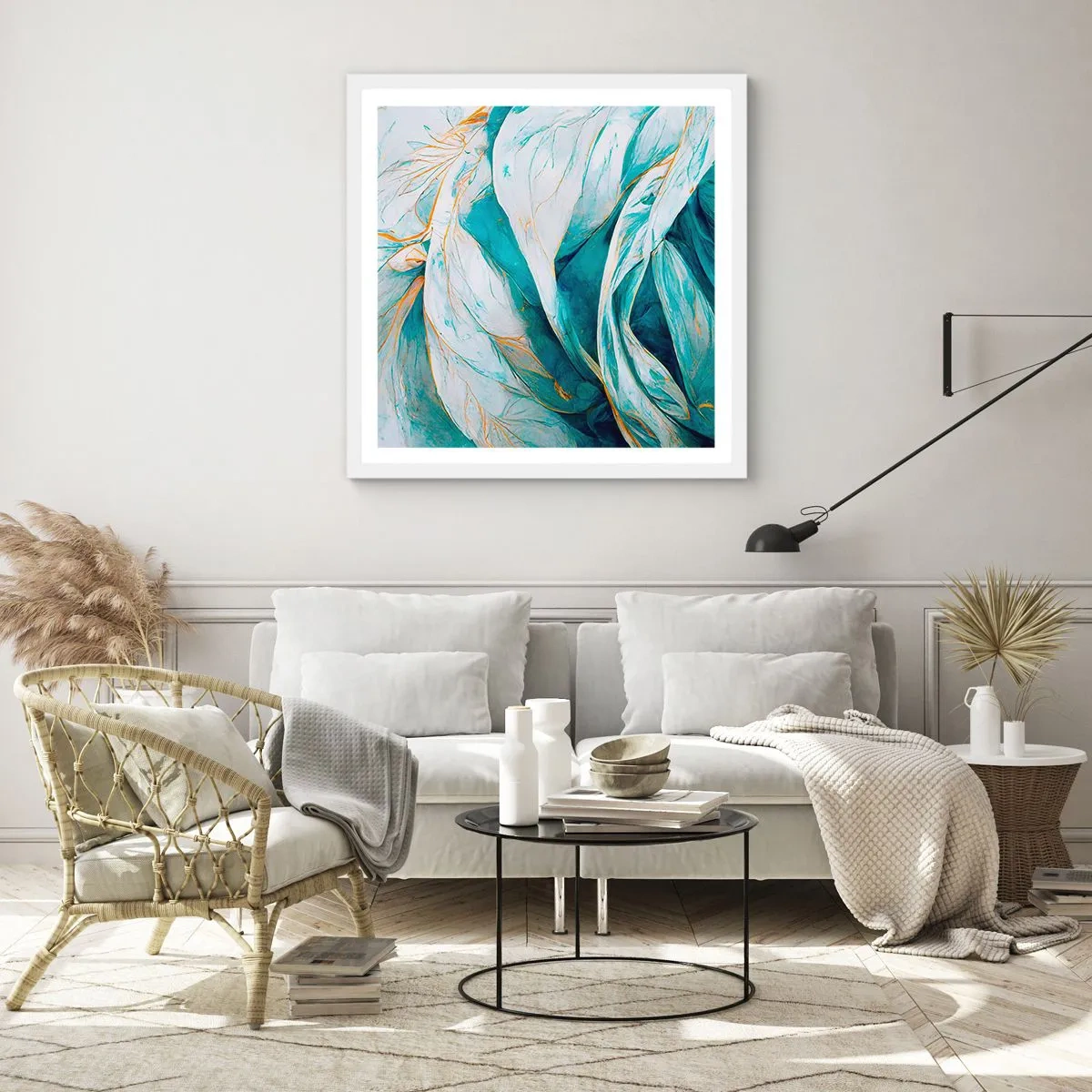 Affiche dans un cadre blanc - Poster - Abstraction bleue avec un motif doré - 40x40 cm