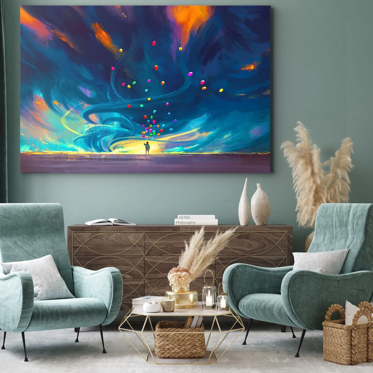 Impression sur toile - Image sur toile - Une silhouette avec des ballons sur un fond de nuages tourbillonnants et colorés - 70x50cm - Au vent bleu ciel - Décoration murale moderne pour le salon et la chambre ARTTOR