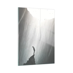 Impression sur verre - Image sur verre - Un homme debout dans l'obscurité au pied d'une sortie lumineuse au-dessus d'un abîme - 50x70cm - Il y a toujours une issue - Décoration murale moderne pour le salon et la chambre ARTTOR