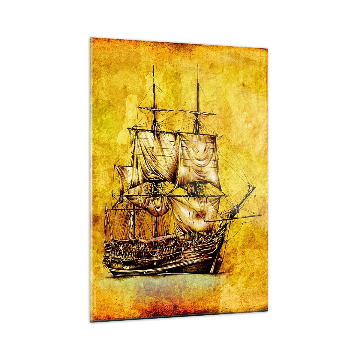Impression sur verre - Image sur verre - Un voilier historique sur fond de parchemin stylisé - 50x70cm - En direction de l'ile de la tortue ! - Décoration murale moderne pour le salon et la chambre ARTTOR