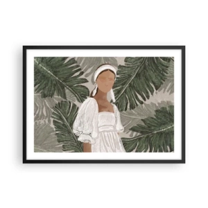 Affiche dans un cadre noir - Poster - Portrait d'une femme en robe blanche sur fond de feuilles de monstera - 70x50cm - Portrait exotique - Décoration murale moderne pour le salon et la chambre ARTTOR