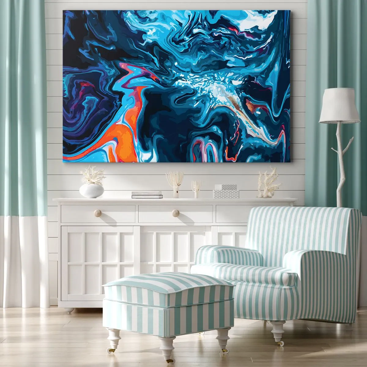 Impression sur toile - Image sur toile - Un motif abstrait dans des tons de bleu avec des accents orange. - 70x50cm - Voyage au centre du ciel - Décoration murale moderne pour le salon et la chambre ARTTOR
