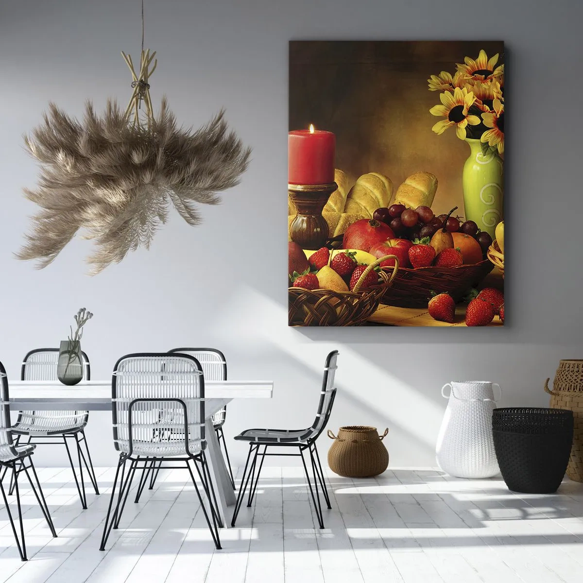 Impression sur toile - Image sur toile - Nature morte avec fruits, pain, bougie et fleurs - 50x70cm - Nature morte de pain et de fruits - Décoration murale moderne pour le salon et la chambre ARTTOR