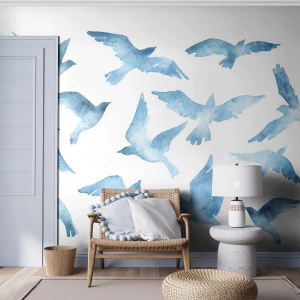 Papier Peint Photo Standard Eco - Oiseaux bleus - Abstraction, Oiseau, Graphique - 350x256 cm