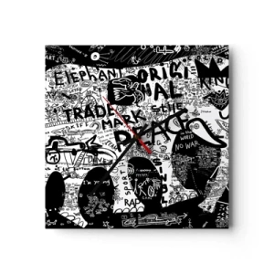 Horloge murale - Pendule murale - Graphiques en noir et blanc avec des motifs graffitis - 30x30cm - La richesse des rues - Décoration murale moderne pour le salon et la chambre ARTTOR