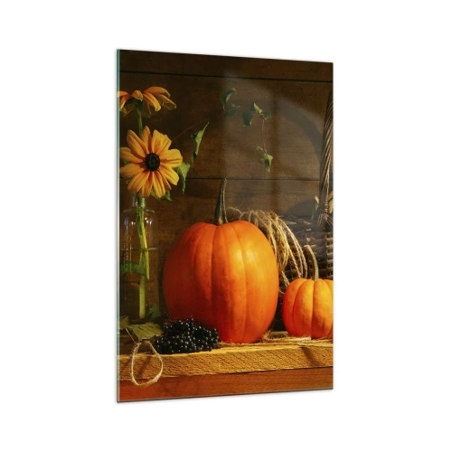 Impression sur verre - Image sur verre - Composition d'automne avec citrouilles et fleurs sur fond de bois - 70x100cm - Une composition rustique - cadeaux d'automne - Décoration murale moderne pour le salon et la chambre ARTTOR
